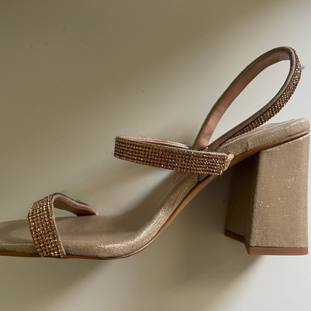 Chelsea & Violet Rhinestone Embellished Rose Gold Wedge Heel Dress Sandals - Picture 2 of 6